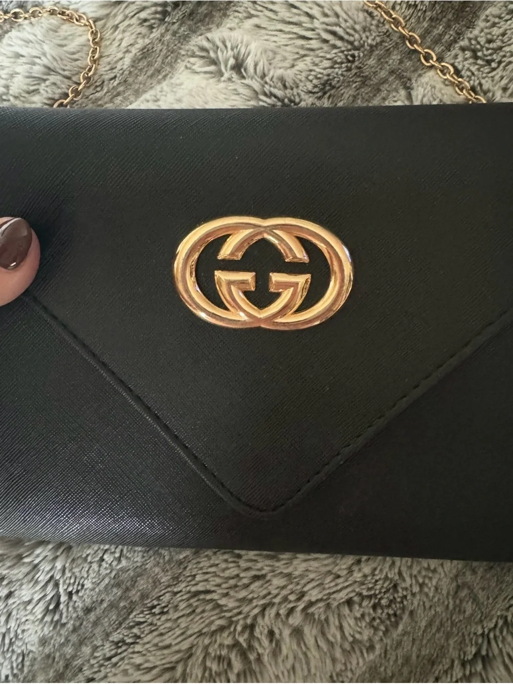 Gucci Black Leather Envelope Clutch with Gold Chain